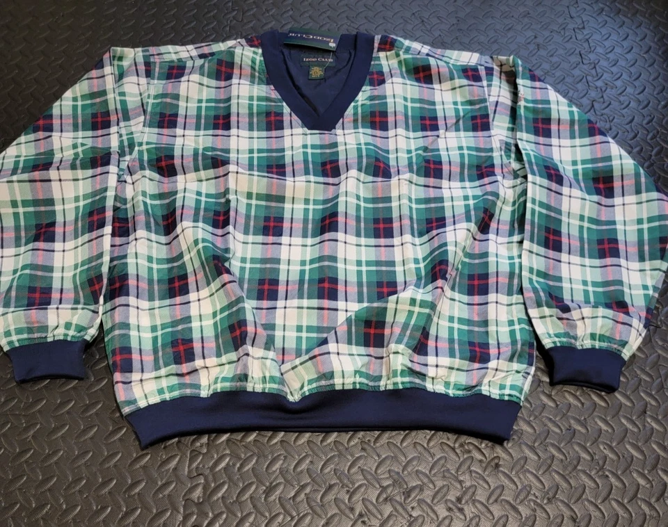 Cortavientos vintage de nailon para hombre de Izod, a cuadros, suéter cuello en V, forrado, nuevo de lote, L Foto 4 de 4