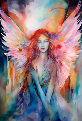 Aquarell Engel Fantasy ätherische Flügel rote Haare himmlisch weiblich verträumt vibriert