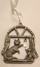 Spoontiques  Pewter Christmas Ornament Cat Kitten In Window Hanging Crystal 