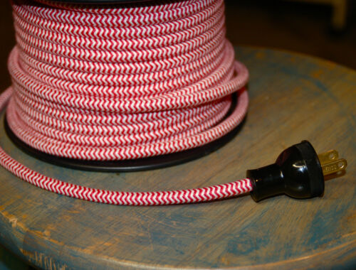 ZigZag Red/White Cloth Covered 3-Wire Round Cord, 18ga. Vtg Lamps Antique Lights - Picture 3 of 5