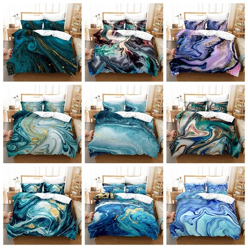 Doona Duvet Quilt Cover Bed Set Marble Blue Purple Marbling Blue Marbled Floral - Picture 1 of 19