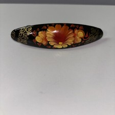 Vintage Hand Painted Floral Russian Barrette Hair Clip Signed Black Gold Flower