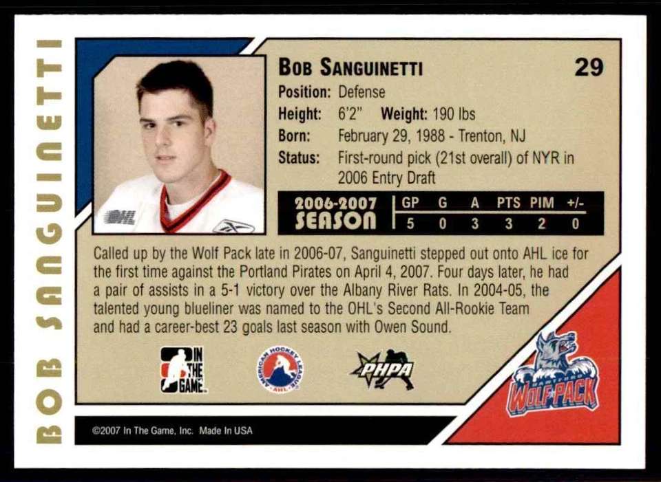 2007-08 In The Game Heroes and Prospects Bobby Sanguinetti Hartford Wolf Pack - Image 2 of 2