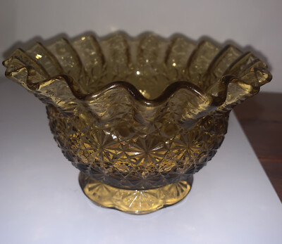 L E Smith Dots And Daisies Amber Glass Bowl