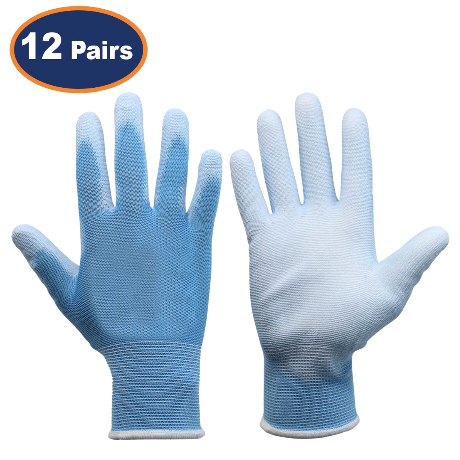 Safety Gloves PU Palm Blue Grip Work Builders Protection Glove XL Size 12-Pairs