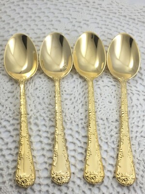 Golden Enchanted Rose Unmarked Gold Plated 4 Oval Soup Spoon Silverware Flatware