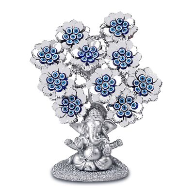 Evil Eye Flowers Lucky Tree with Silver Ganesha Hindu Elephant God Statue Hom...