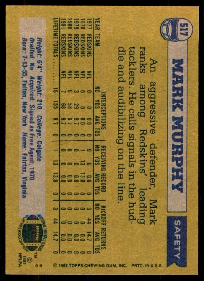 1982 Topps Mark Murphy* Washington Redskins #517 - Image 2 of 2