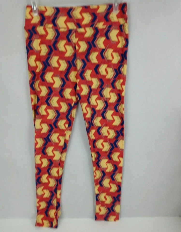 Nuevo LuLaRoe Leggings Altos y Curvilíneos Naranja con Diseño de Flechas Anchas Amarillas y Azules Foto 2 de 4