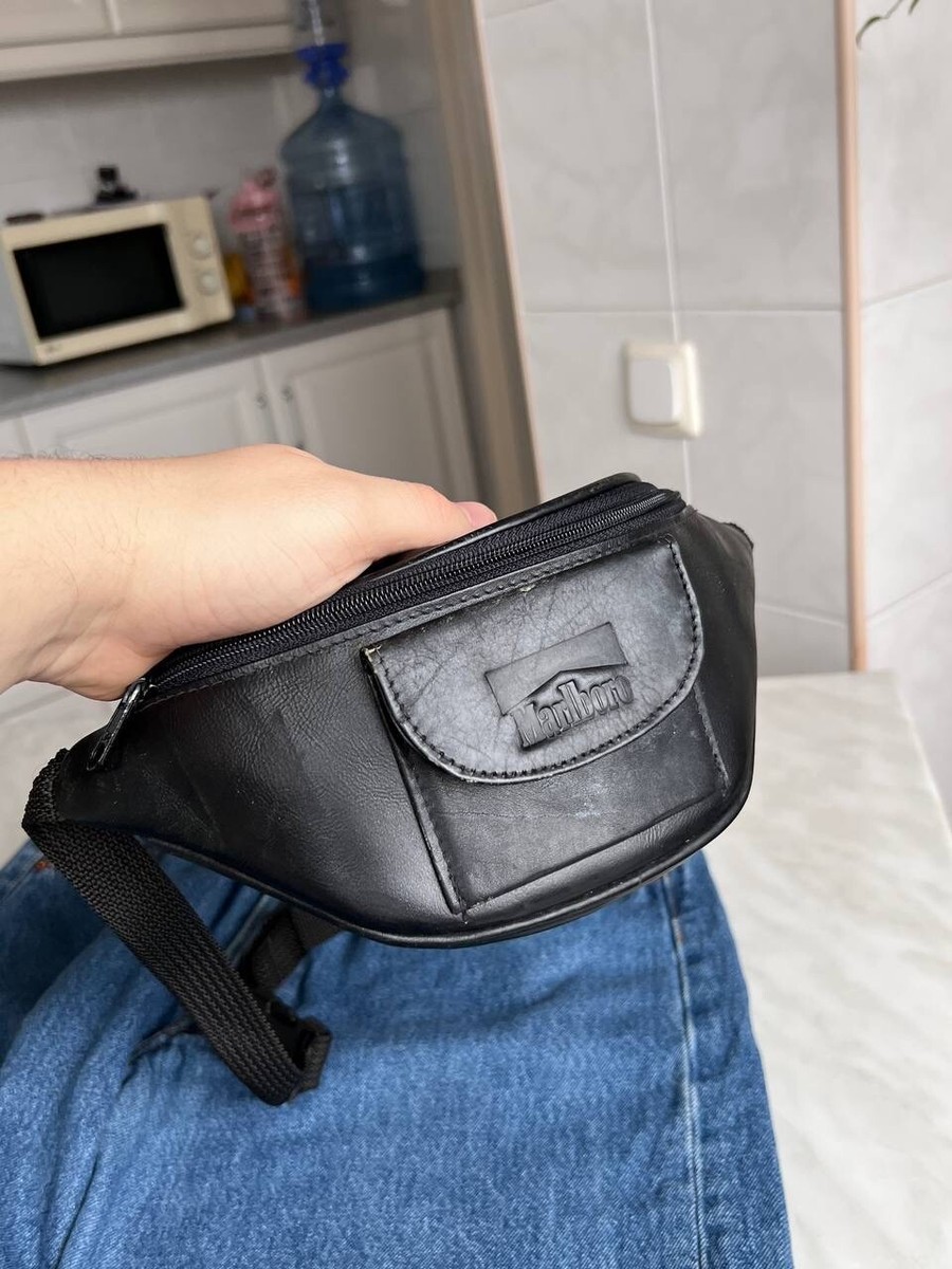 Vintage 90s Marlboro Full Leather Total Black Logo Sling Bag