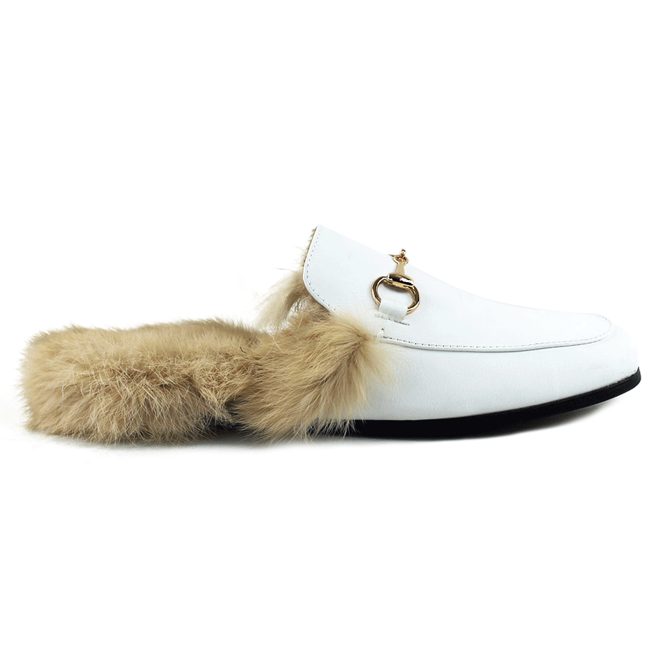 AZAR MAN Men's Real Leather Fur Gold Buckle Loafers – Backless Slip-On Style In White