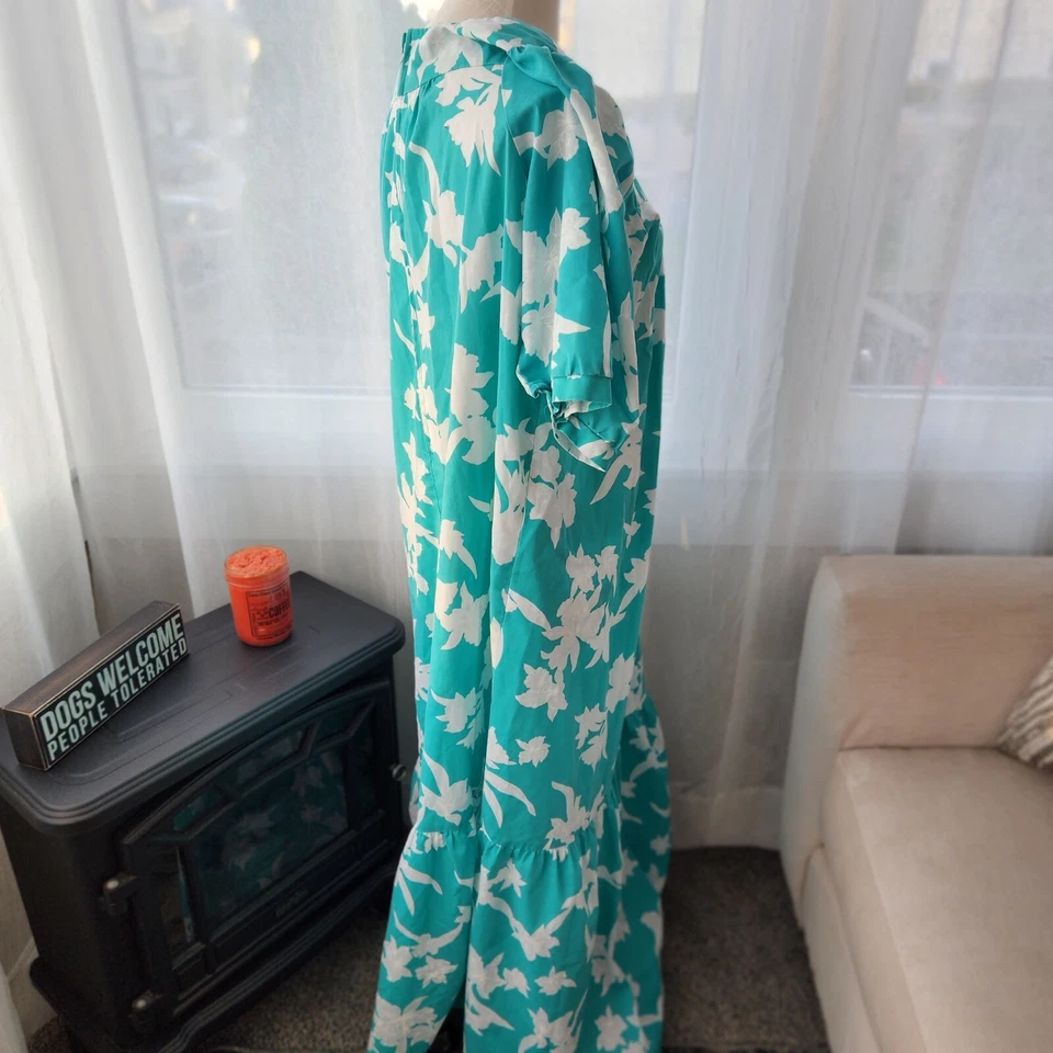 Vestido Largo Retro Helena's Hawaiano Muumuu Caftán Hibisco Verde Azulado Talla L. O2 Foto 4 de 4