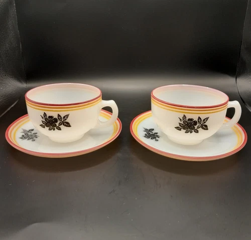 Set of 2 Vintage Black Rose Pattern Hazel Atlas Ovide Cup and  Saucers 1930s