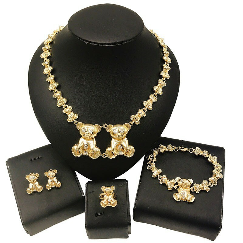 HUGS KISSES xo set teddy bear necklace bracelet earrings ring 18k Layered