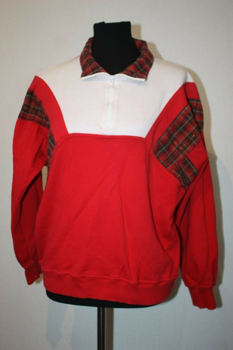 Vintage Line-Up Sz M Red Cotton 1/4 ZIp Sweater Sweatshirt Plaid
