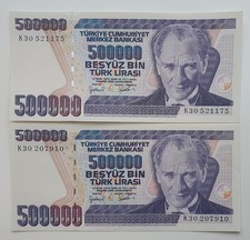 2 x 500.000 Lira K30 Wasserzeichen Typ1 und Typ3 Rare / UNC/ F&uuml;r Sammler