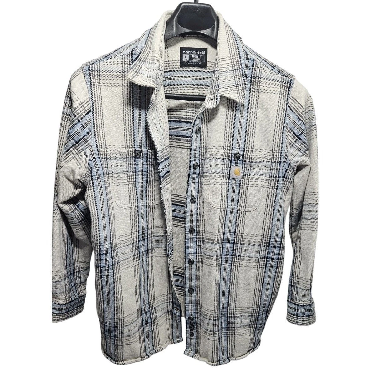 Carhartt Flannel Shirt XL Loose Fit Plaid Button Blue Cream Workwear Shacket