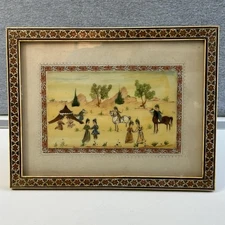 Middle Eastern Persian Miniature Painting On Bone Khatam Inlay Marquetry Frame