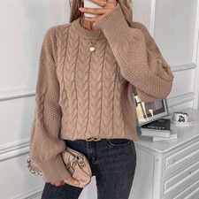 Jersey de Punto Trenzado Casual de Cuello Redondo – Color Beige