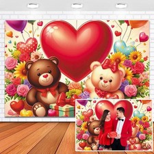 10x7 FT Vinyl Happy Valentine's Day Backdrop Red Heart Bear Floral Photography