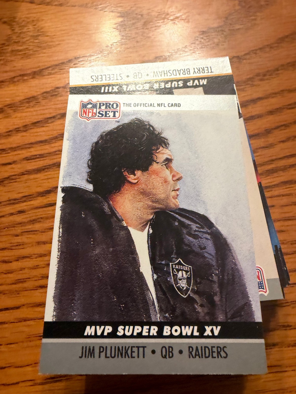 Jim Plunkett #15 Football Cards 1990 Pro Set Super Bowl MVP trading card — raw and PSA graded price guide