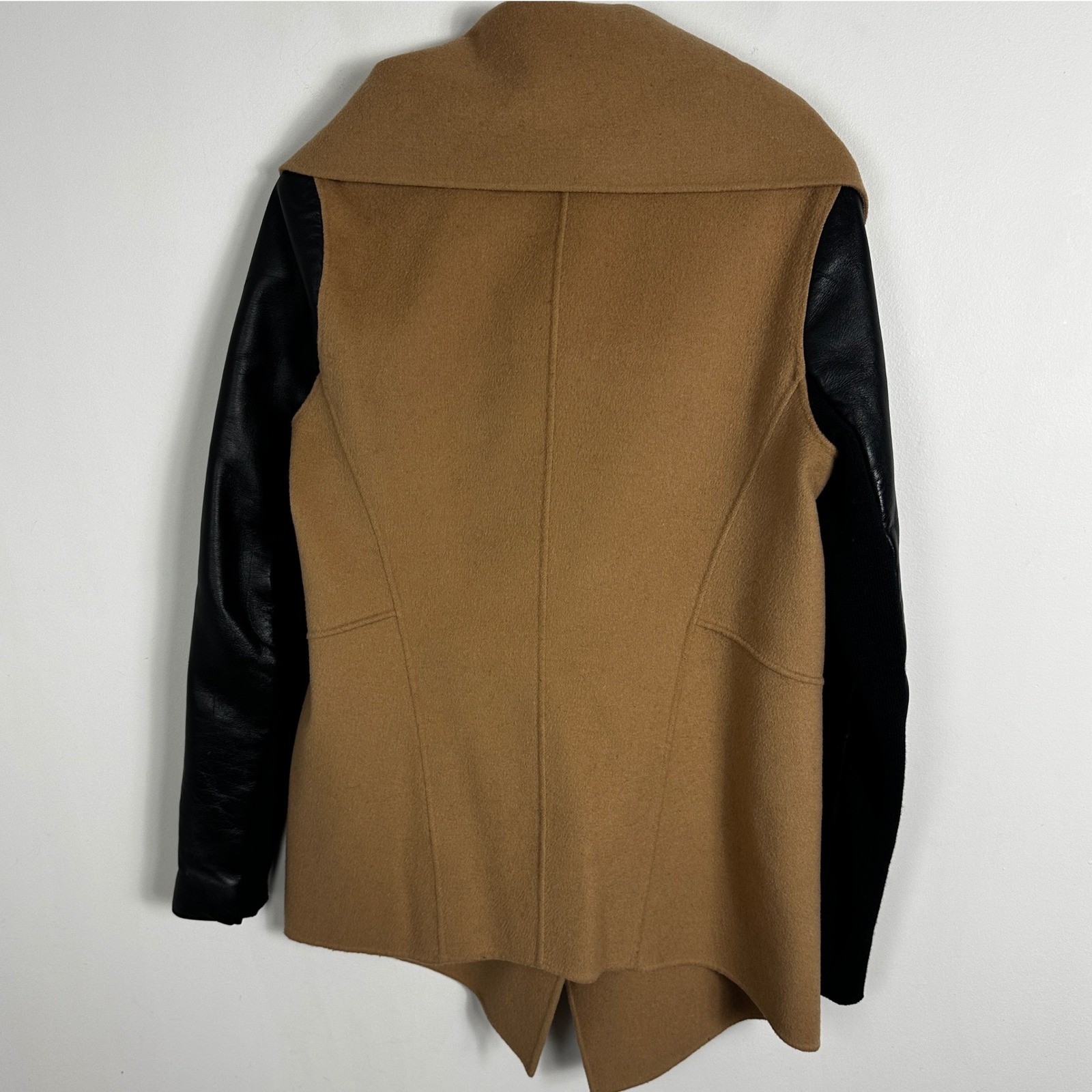 Mackage Vane Draped Wrap Leather Asymmetric Wool Coat Camel Black Womens Medium image 4