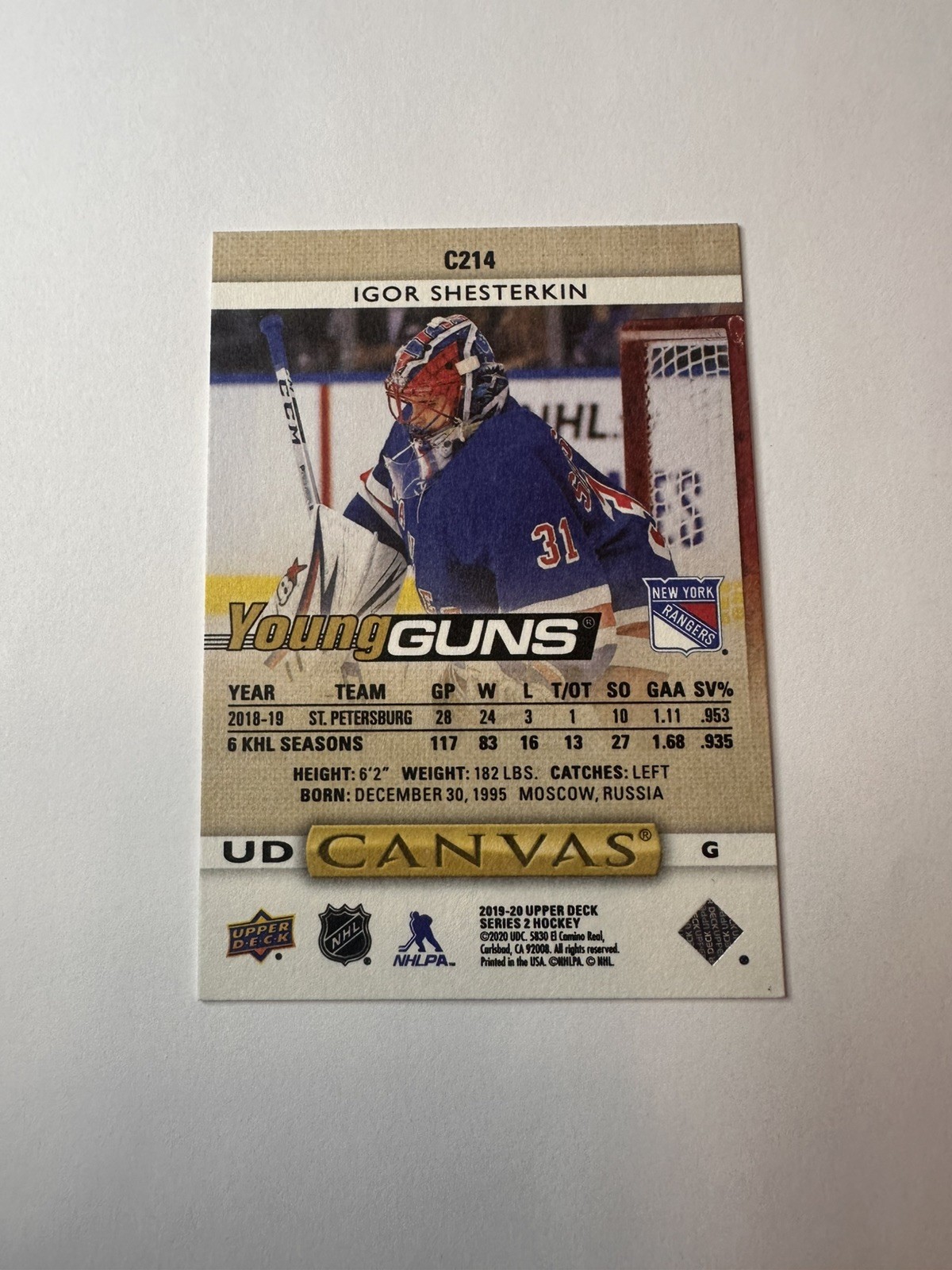 2019-20 Upper Deck UD Canvas Young Guns Igor Shesterkin #C214 Rookie RC