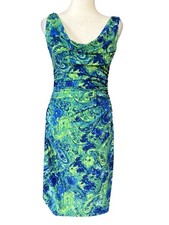 Lauren Ralph Lauren Dress Womens 2 Green Blue Floral Cowl Neck Ruched Sheath