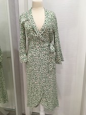 GANNI Floral Viscouse Long Sleeve Wrap Dress Midi Long Beige Green S