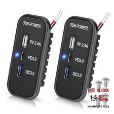 RV USB Outlet Panel: 12V/24V 3-Port Panel Mount Charger, 18W USB-C PD3.0, 2PCS