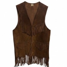 Vintage Brown Suede Leather Fringe Western Vest Mens Womens M Cowboy 70s Hippie