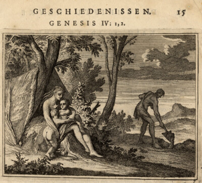 Antiker religiöser Druck - Adam - Eve - Kain - Label - Luiken - 1712
