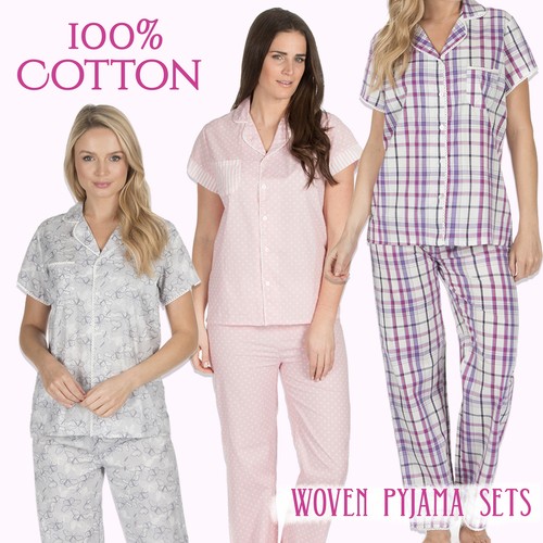 Ladies Womens Pyjama Set Woven Short 