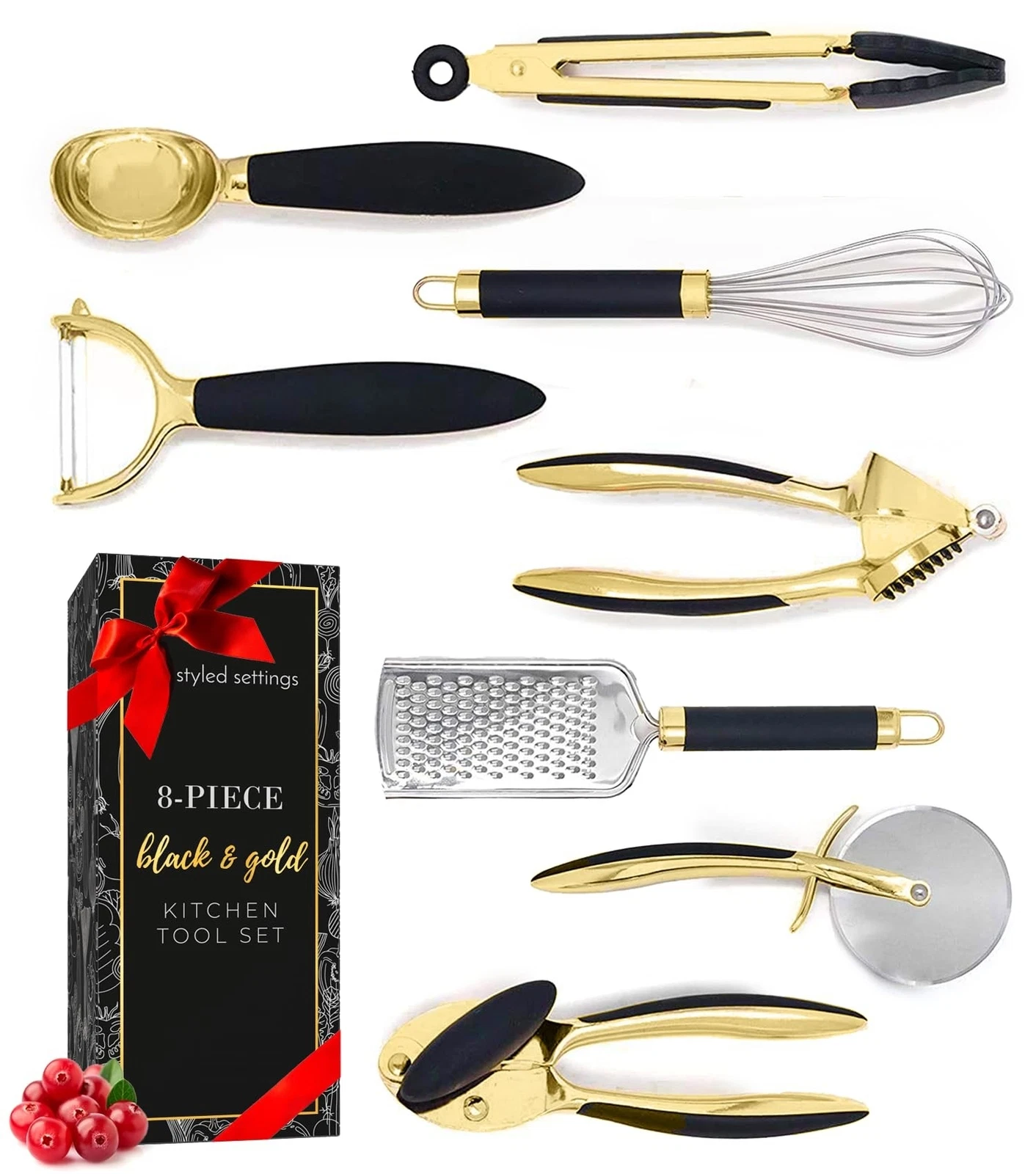 Black and Gold Tool Set- Luxe 8PC Kitchen Gadget Set with Anti-Slip Handles, ...