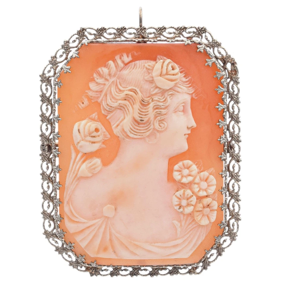 Antiguo broche colgante grande con concha camafeo de oro blanco de 14K