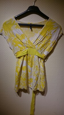 Bluse Damen Gr.S Amisu gelb florales Muster Band für Schleife großer Ausschnitt