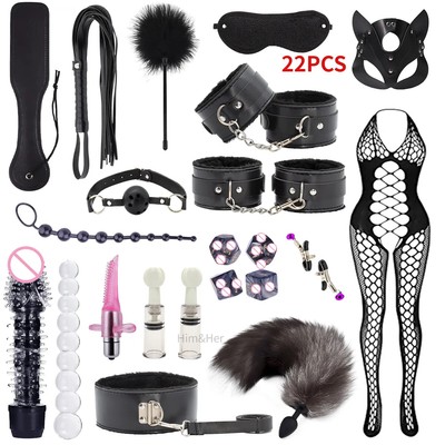 Sexy Leather Plush Sex Bondage Set Handcuffs Sex Games Nipple Clamps Sex Toys