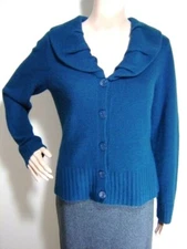 MARINA LUNA Cardigan Sweater M Collared V Neck Lamb Wool Angora Ribbed Trim Blue