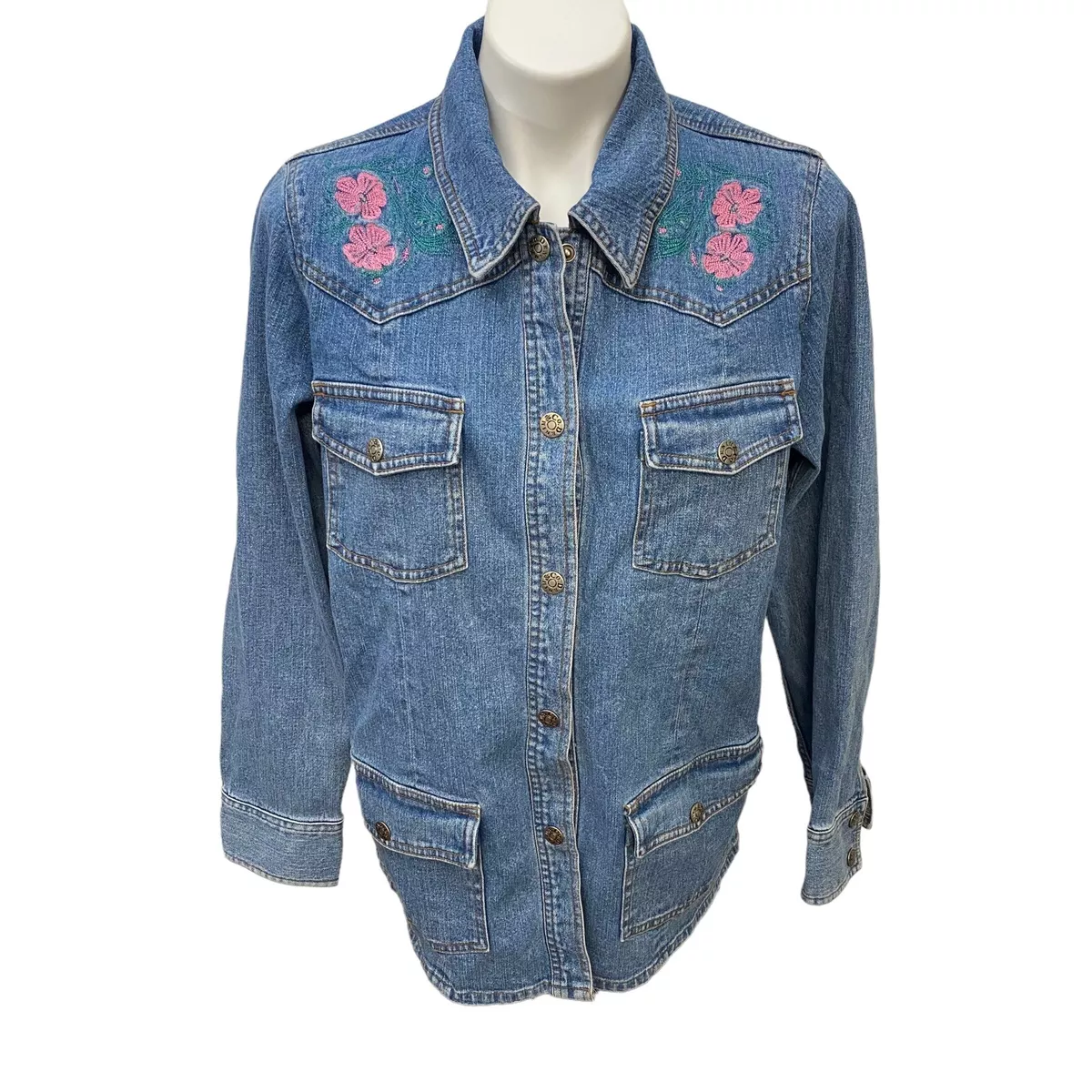 Denim & Co Womens Denim Chore Coat Size Medium Floral Embroidery Snap Up Blue