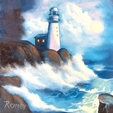 Lighthouse Ocean Waves Painting 24x18" 70s Art Rocks Coast Blue Nautical Fishing