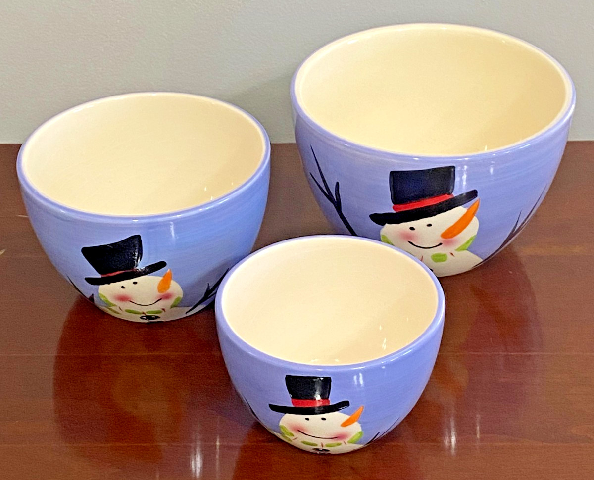 Christmas Stoneware Deep Nesting Serving Bowls  3 Winter Snowman -Sm / Med / Lg