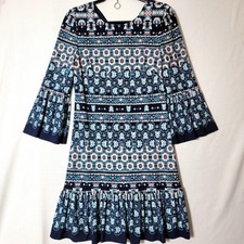 Eliza J Womens Dress Sheath Sz 8 Bell 3/4 Sleeve Ruffle Hemline Blue Coral VTG