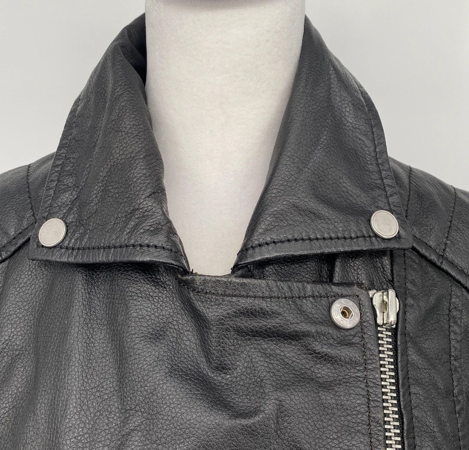 Chaqueta Barneys Originals Mujer 12 Cuero Negro Moto Asimétrica Cremallera Motociclista Foto 2 de 4
