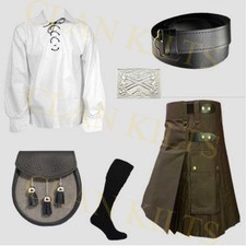 Scottish Brown Utility Kilt Ghillie Shirt with Accessories Handmade for Men