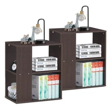 2 PCs Side End Table 3-Tier Nightstand Bedside Sofa Table w/ Shelves Brown