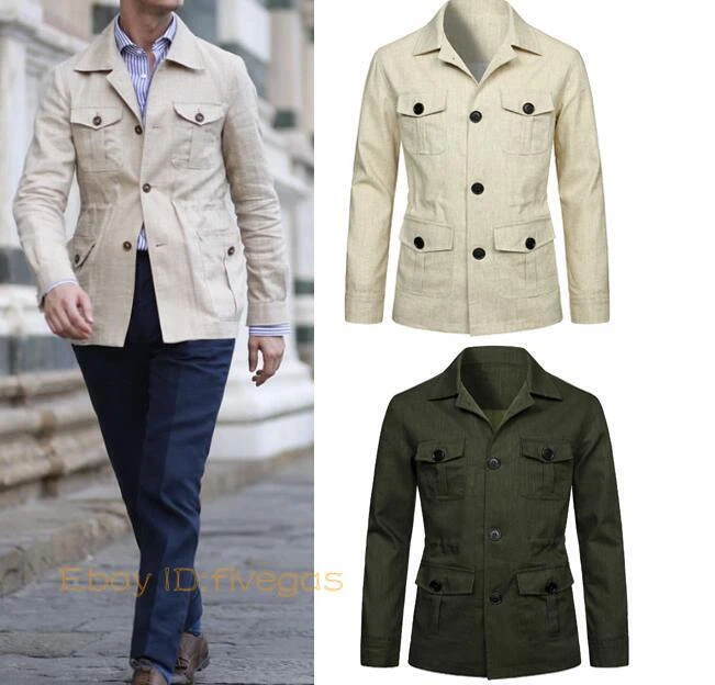 OFF WHITE Camicia uomo 100% lino giacca tasche slim fit caccia cappotto casual top inglese