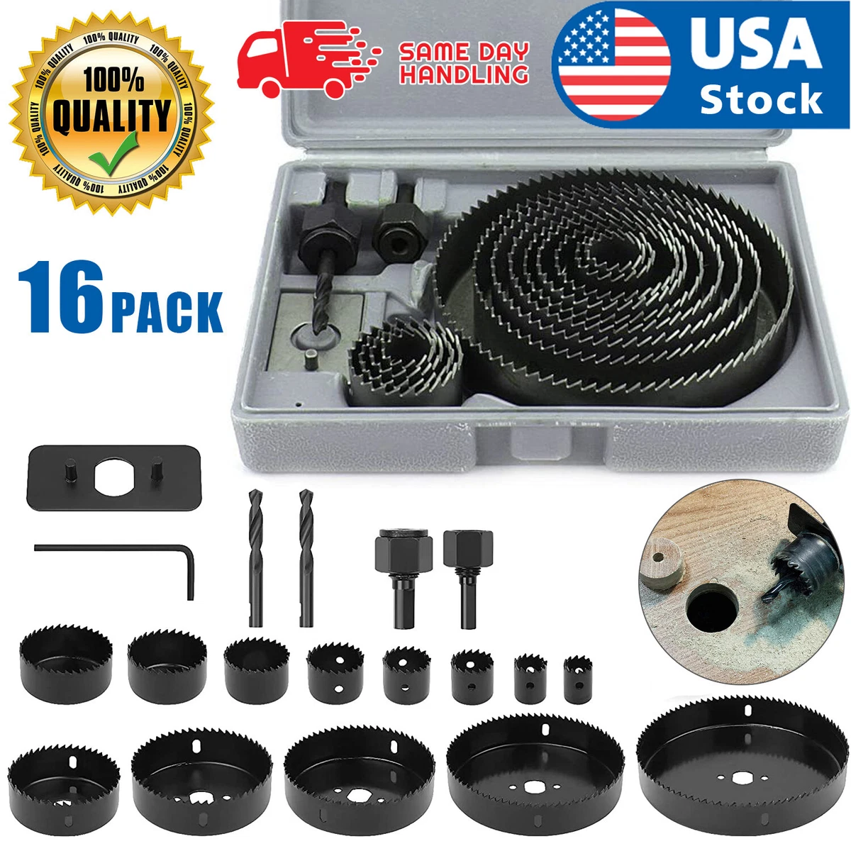 US 16pcs Hole Saw Drill Bit Kit Wood Plastic Sheet Metal 3/4-5 Cutting  Set Kit