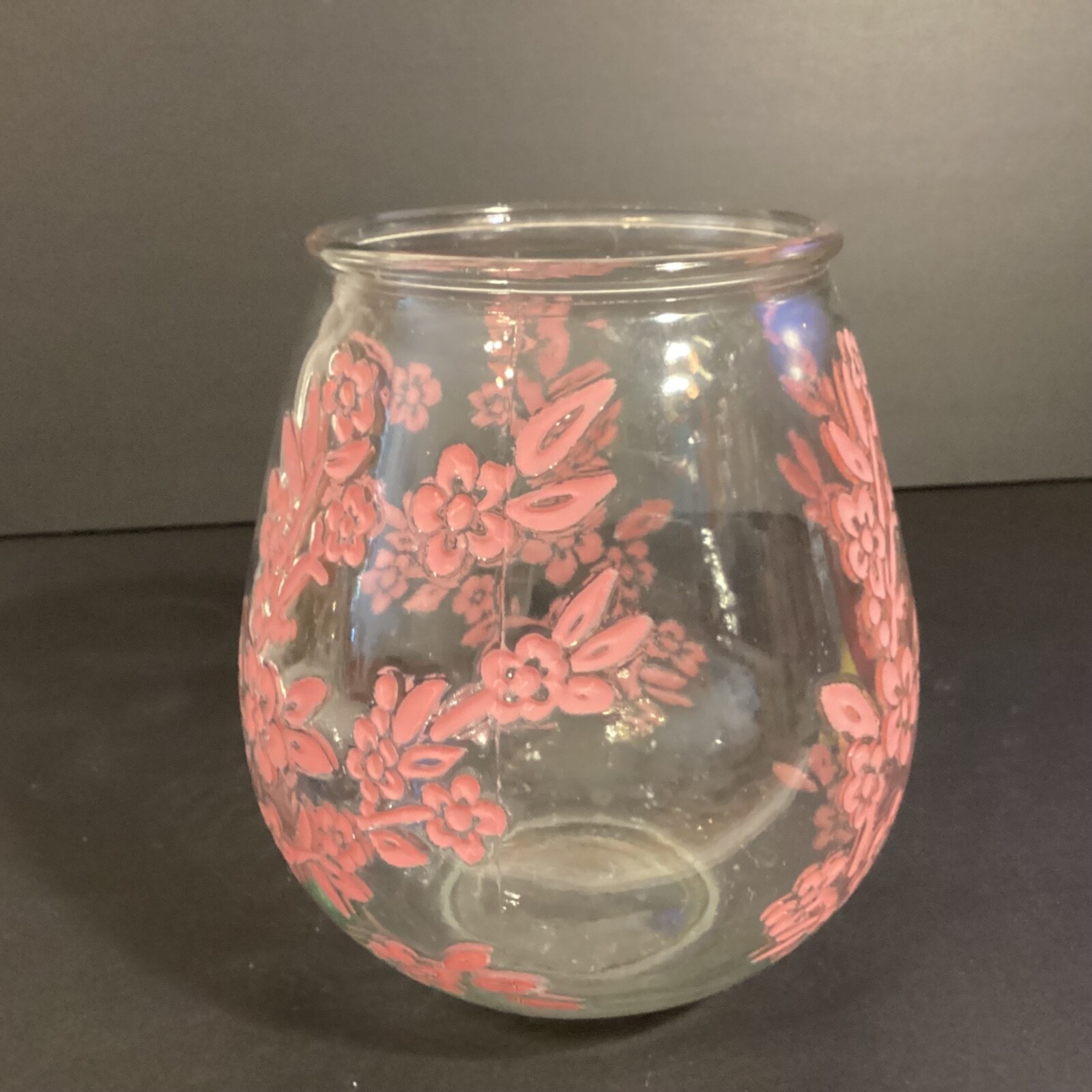 Old East Main Company Pink Floral on Clear Glass Vase or Candle Holder 7" Barrel