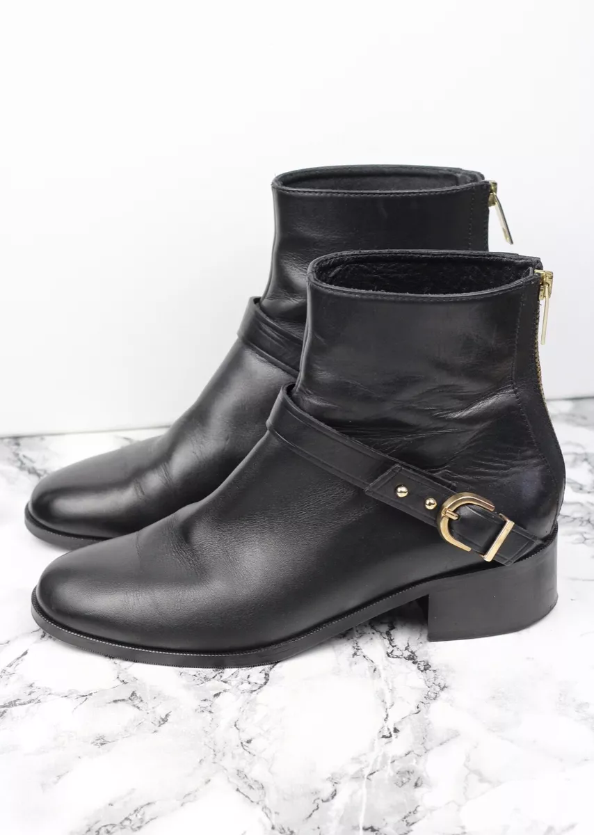 LK BENNETT Black Classic Leather Chelsea Buckle Ankle Boots Size UK 4 EU 37