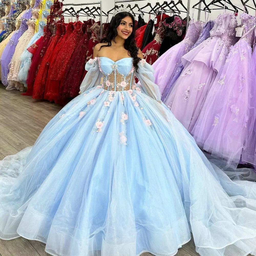 Puffy Blue Sweet 15 16 Quinceanera Dresses Ball Gown Beaded Vestidos De 15  Anos